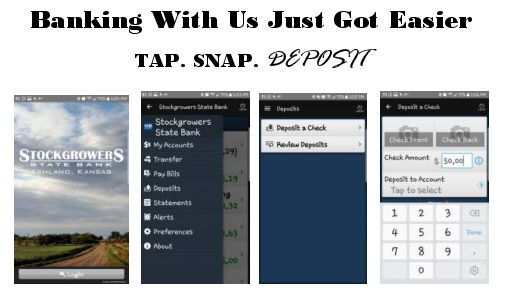 Text: Banking with us just got easier, Tap Snap, Deposit Image includes: 4 smartphone screen images